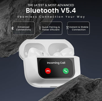 Screen TWS, ANC (32dB), Smart Touch Display True Wireless Buds, Type-C Fast Charging, Bv5.4, Find My Earbuds, 4 Mics ENC for Clear Calling, Transparency Mode, EQ Mode (White)
